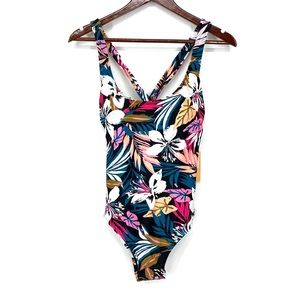 Kona Sol Tropical Floral Leaf Print Twist Straps One Piece Swimsuit Nwt Size M